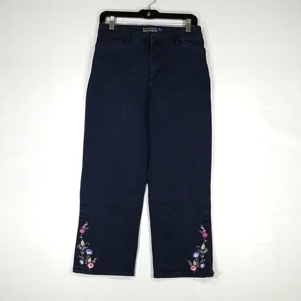 Option Elle Jeans Womens Size 8 Blue Denim Stretch Embroidered Flowers Cropped